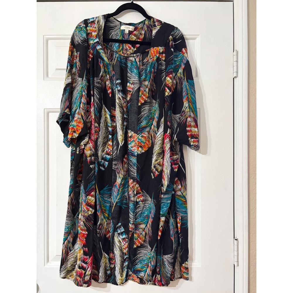 Womens XL loose fit Feather Print Open Front Kimono Duster Boho - Picture 4 of 4